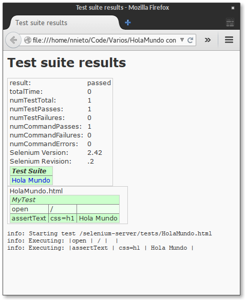 Resultado de la suite de pruebas